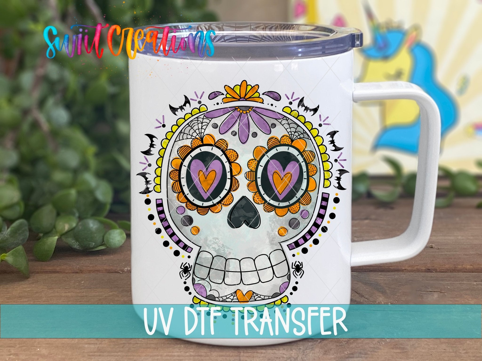 Halloween Sugar Skull Spooky Floral UV DTF transfer displayed on a white coffee mug from Swiit Creations