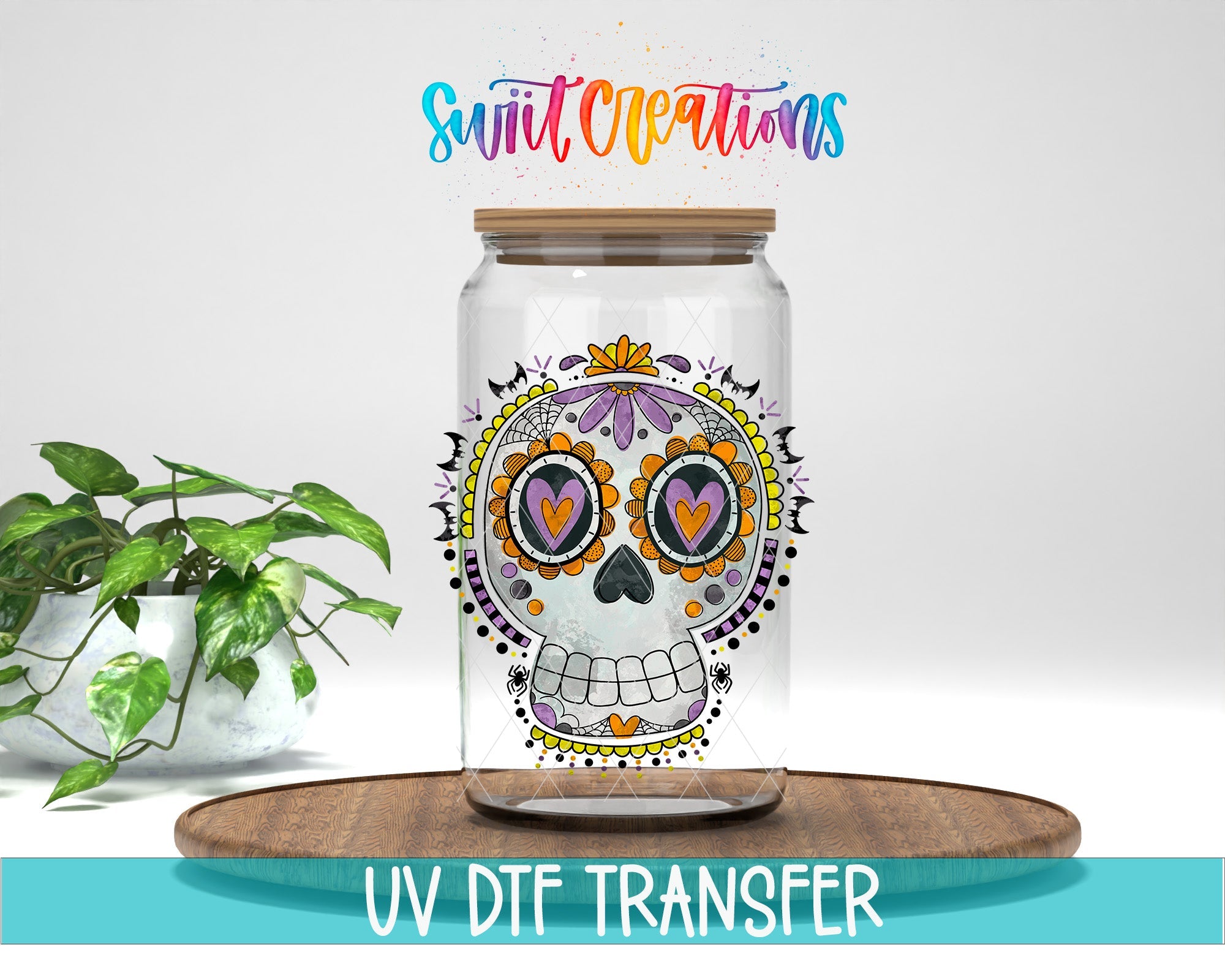 Halloween Sugar Skull Spooky Floral UV DTF transfer displayed on a clear jar mockup from Swiit Creations