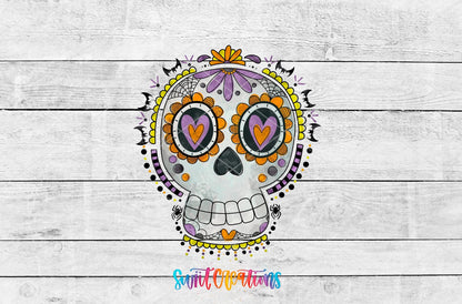 Halloween Sugar Skull UV DTF transfer artwork on a white wood background