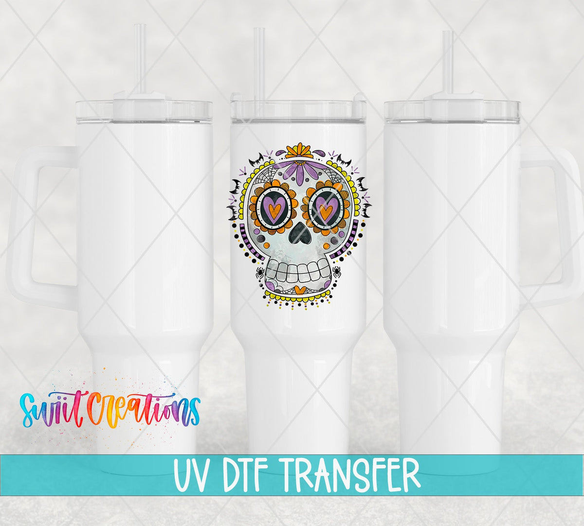 Halloween Sugar Skull UV DTF transfer on white 40 oz tumblers