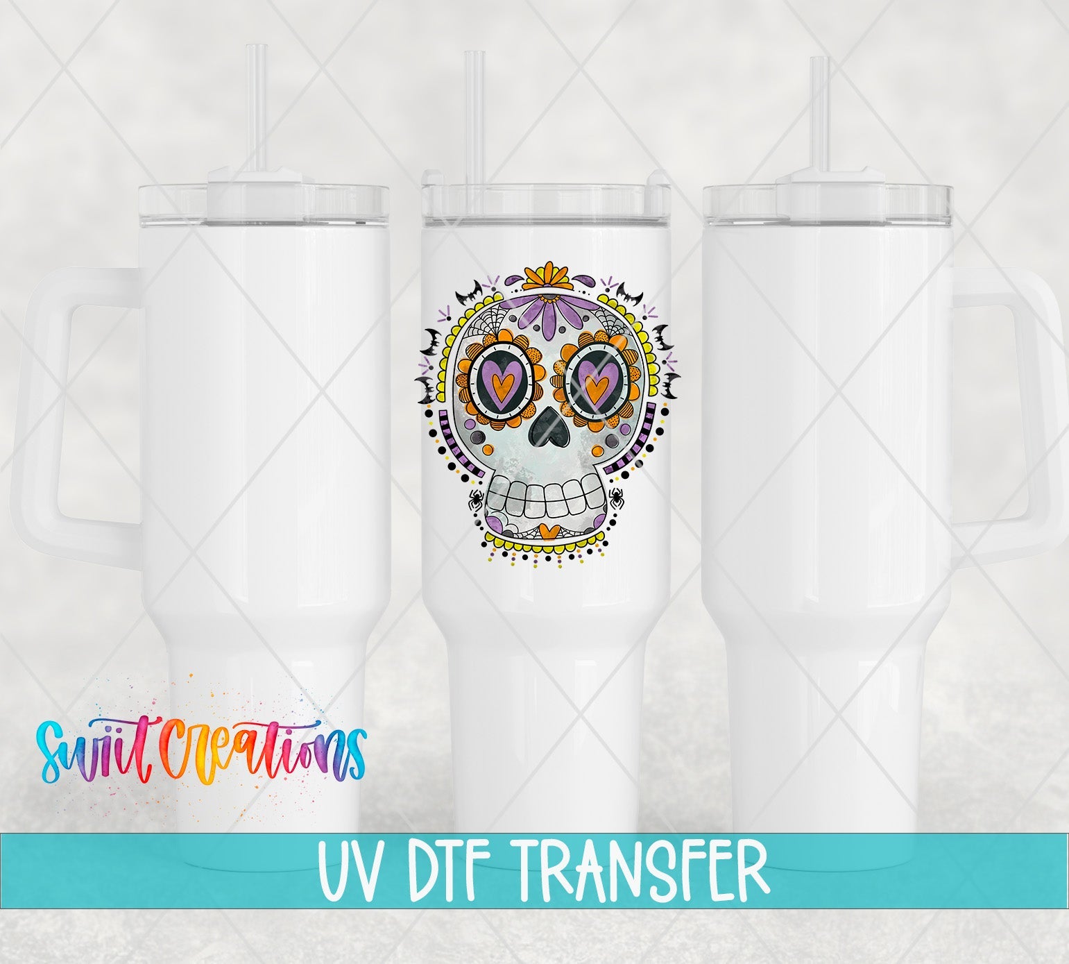 Halloween Sugar Skull Spooky Floral UV DTF transfer applied to a white tumbler set from Swiit Creations