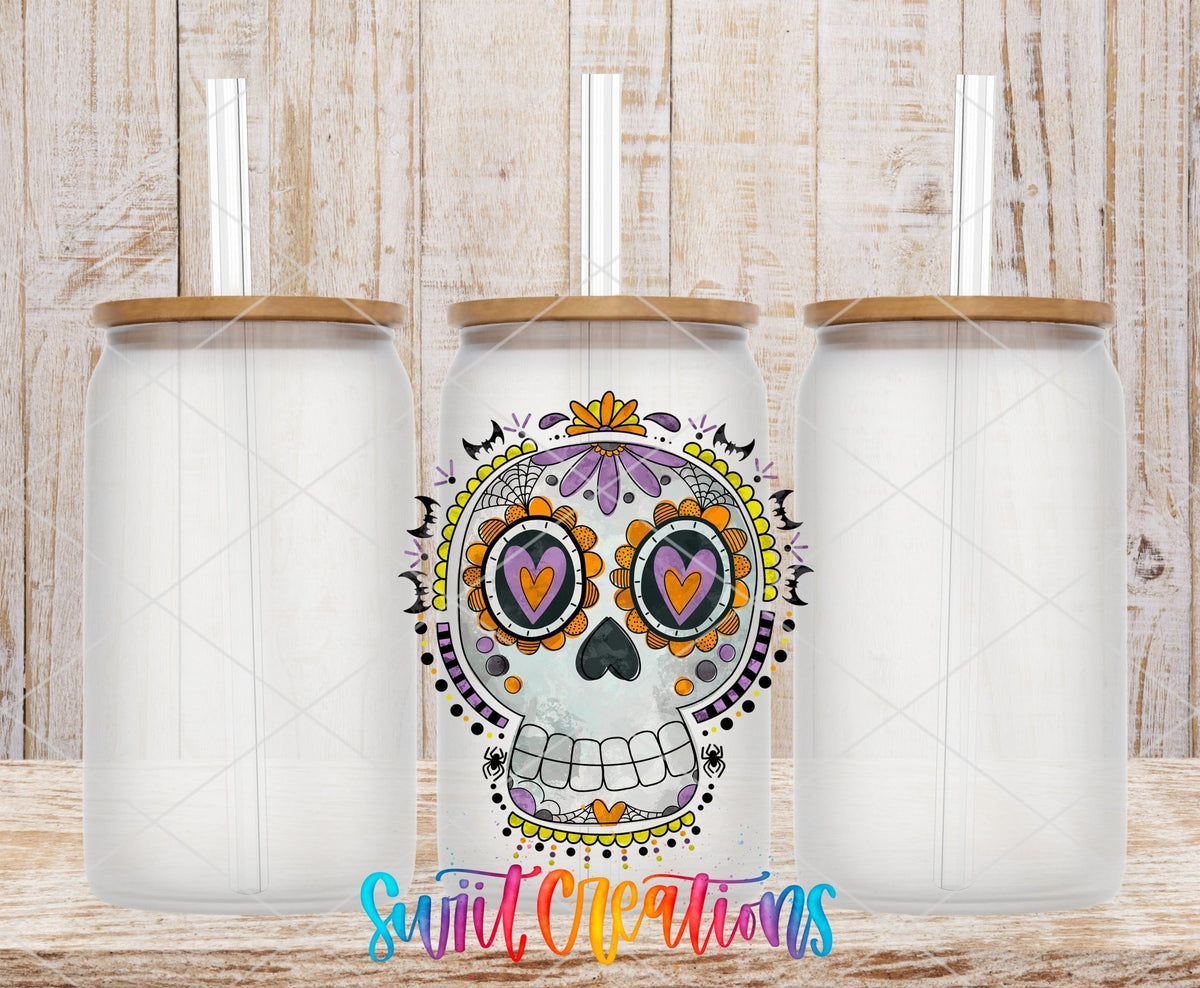 Halloween Sugar Skull UV DTF transfer on frosted glass cans with bamboo lids