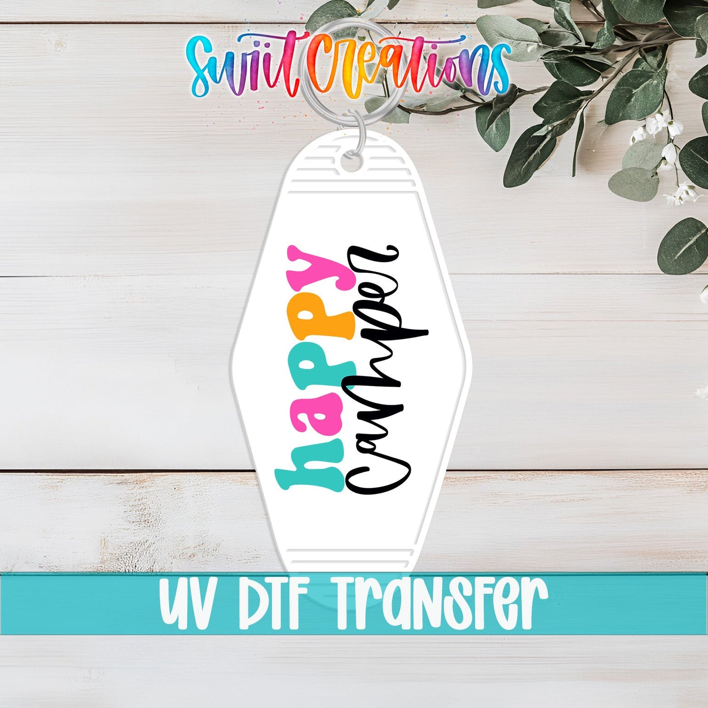 Happy Camper Motel Keychain UV DTF Transfer | Cute Retro Camping Design | MK1128 - Swiit Creations