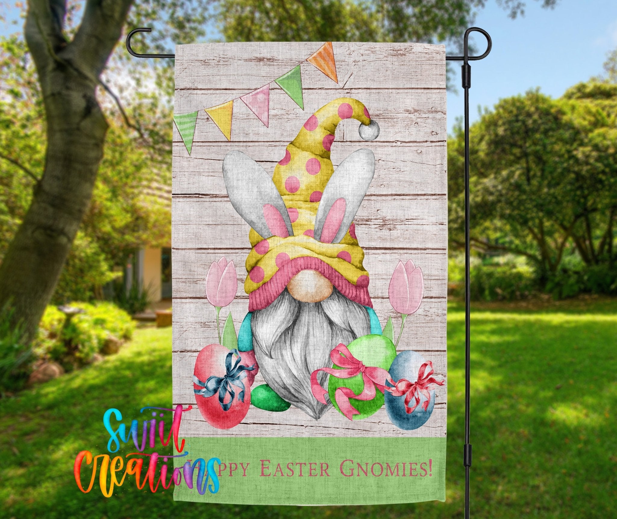 Happy Easter Gnomies Yard Flag | Bunny Gnome Garden Flag with Easter Eggs, Tulips, & Spring Banner | Outdoor Decor | YF62 - Swiit Creations