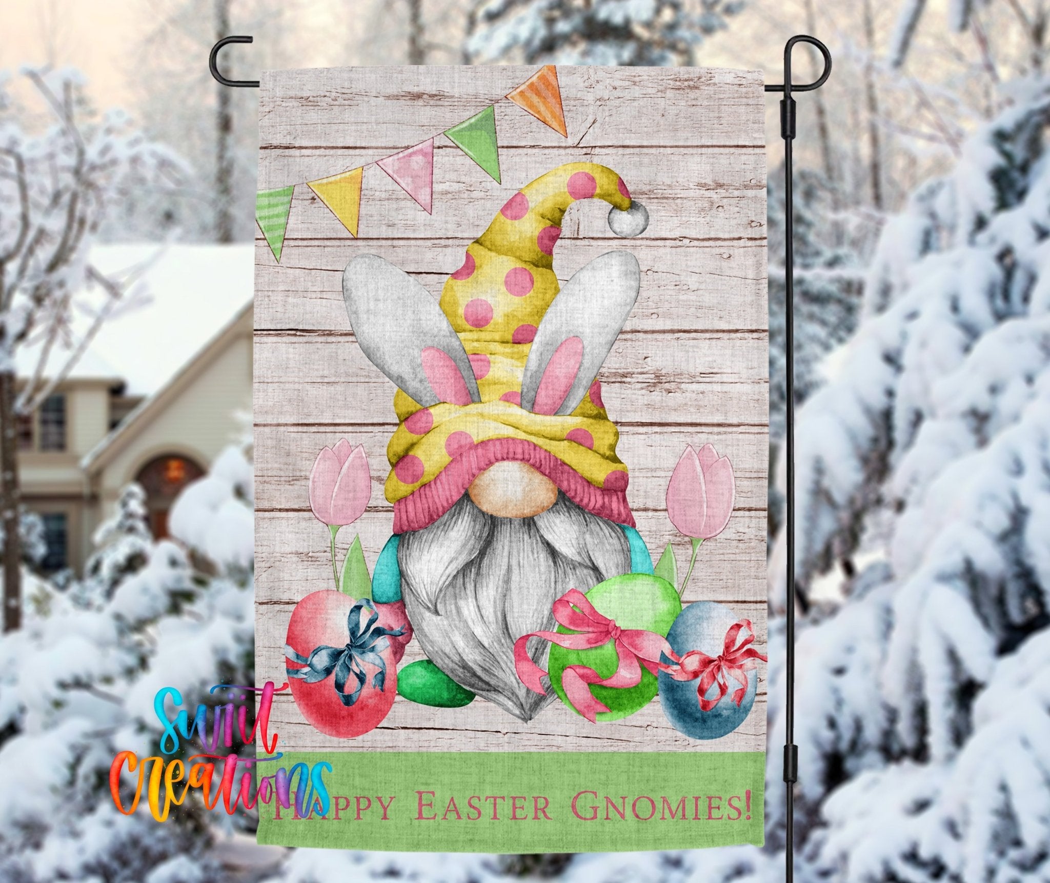 Happy Easter Gnomies Yard Flag | Bunny Gnome Garden Flag with Easter Eggs, Tulips, & Spring Banner | Outdoor Decor | YF62 - Swiit Creations