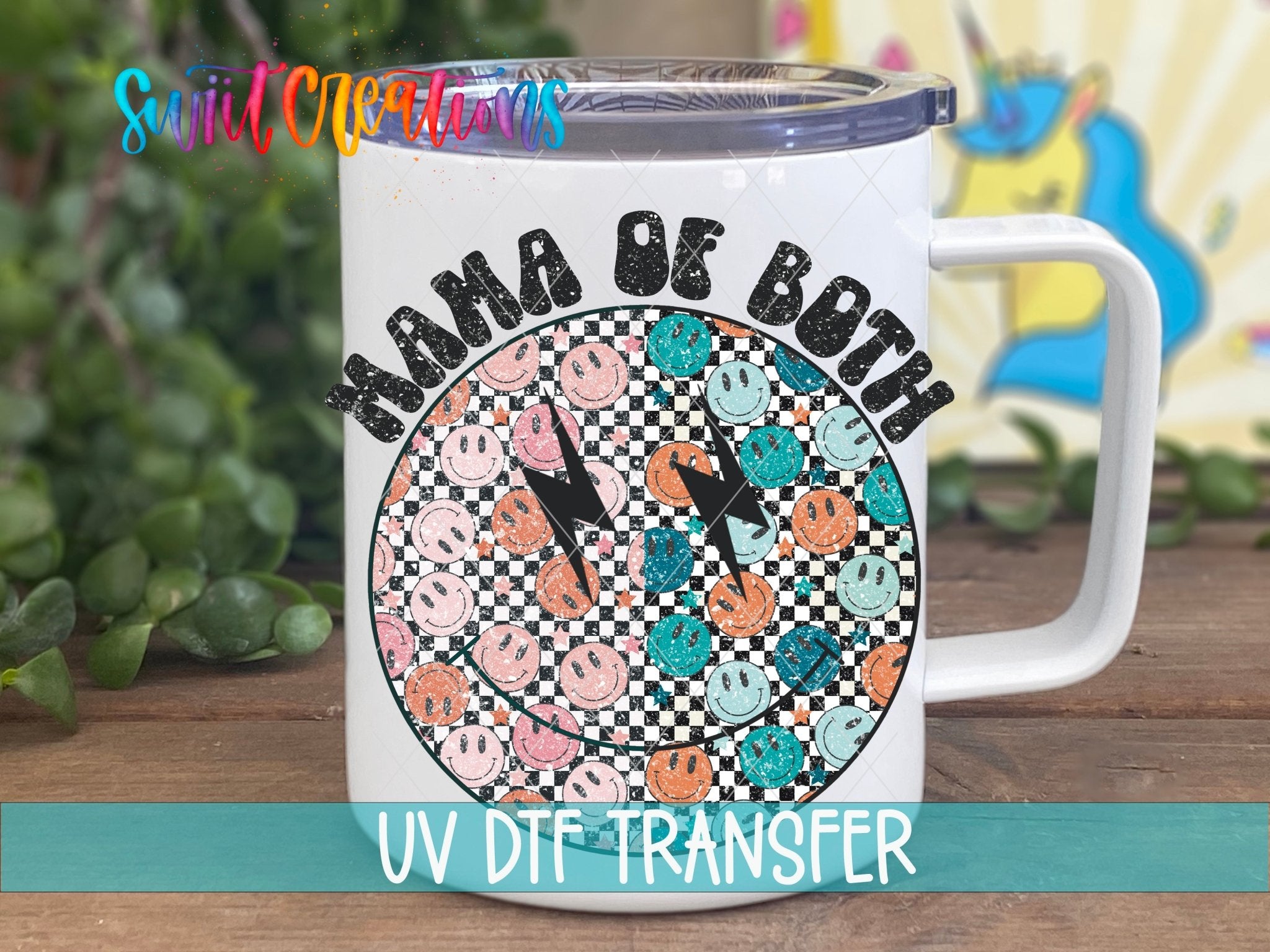 Happy Face Mom of Both UV DTF transfer displayed on a white coffee mug from Swiit Creations