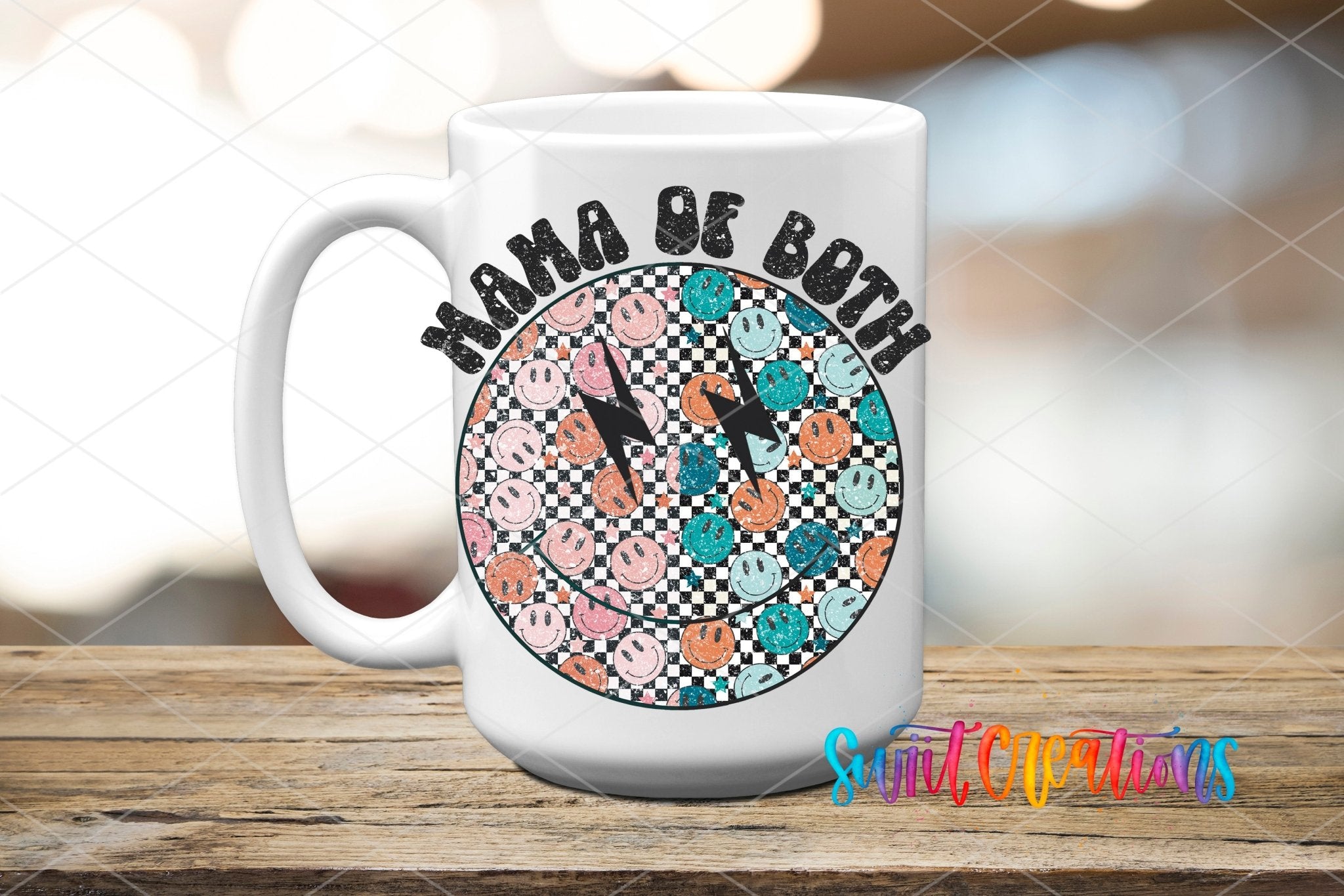 Happy Face Mom of Both UV DTF transfer displayed on a white ceramic mug from Swiit Creations