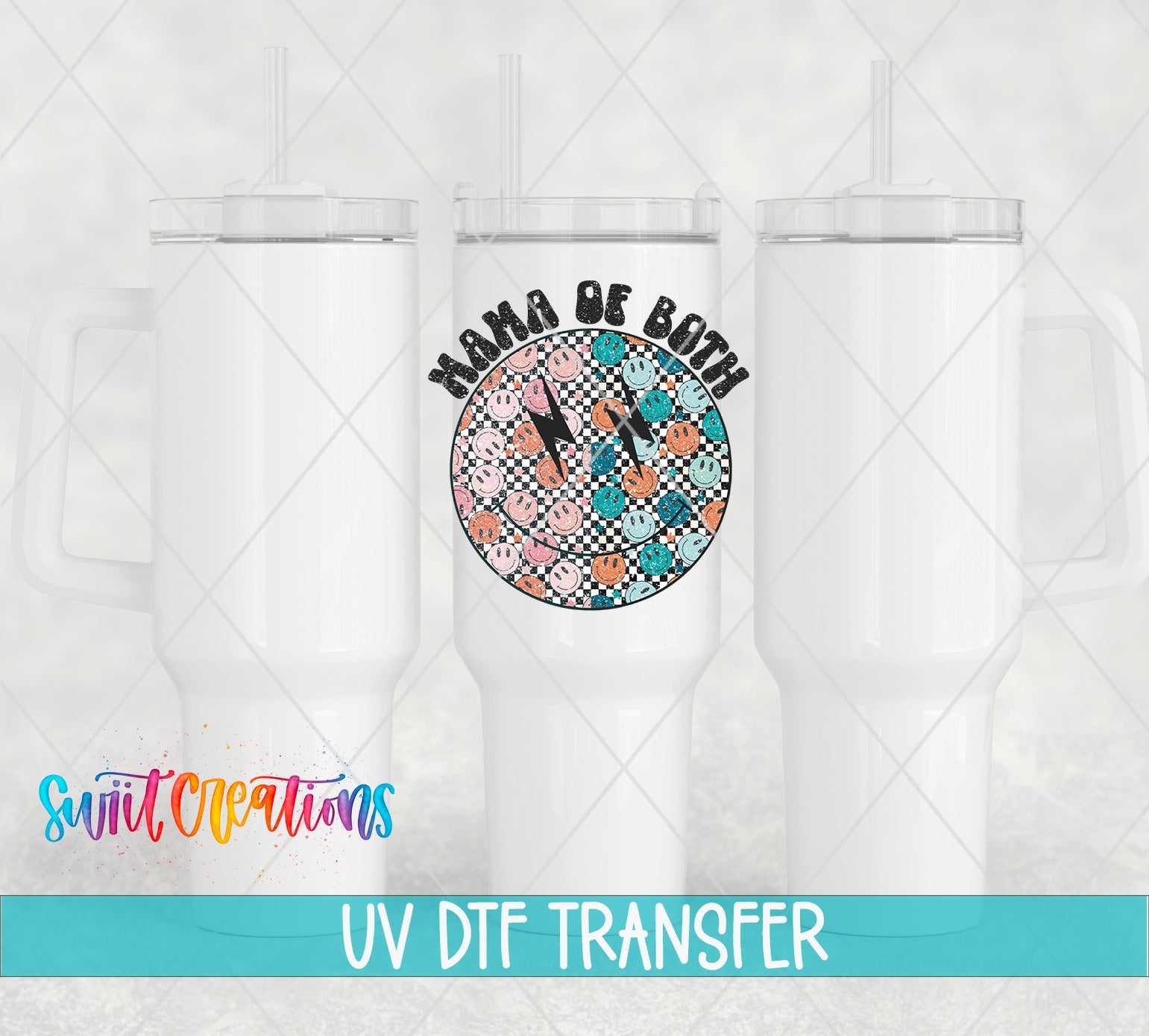 Happy Face Mom of Both UV DTF transfer applied to a white tumbler set from Swiit Creations
