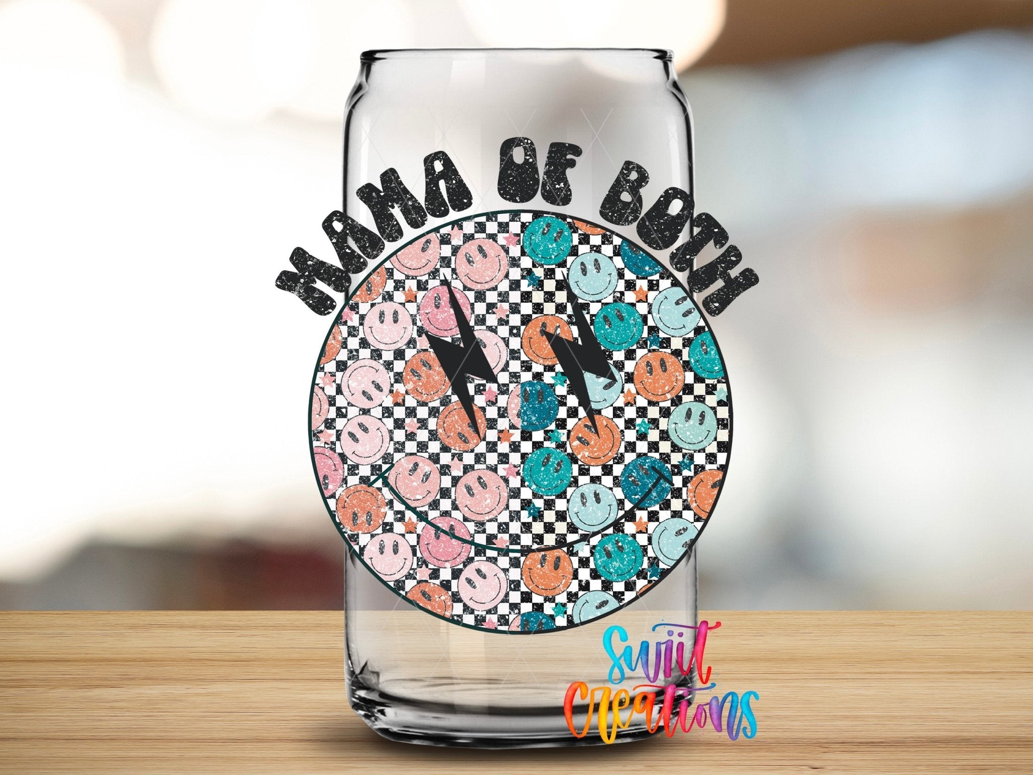 Happy Face Mom of Both UV DTF transfer applied to a clear glass can from Swiit Creations