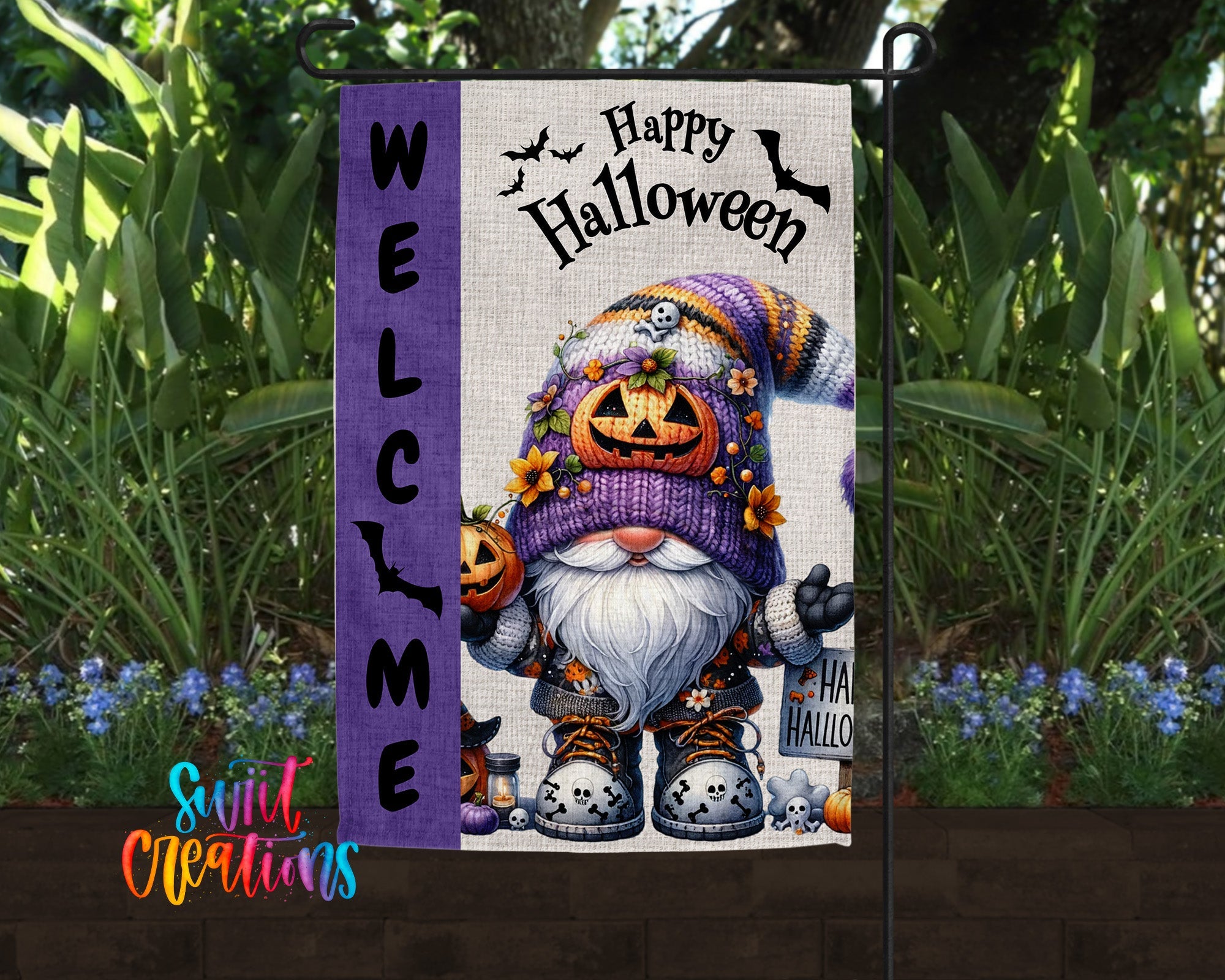 Happy Halloween Yard Flag | Adorable Gnome Halloween Garden Flag with Pumpkins, Bats, & Skulls | Outdoor Decor | YF86 - Swiit Creations