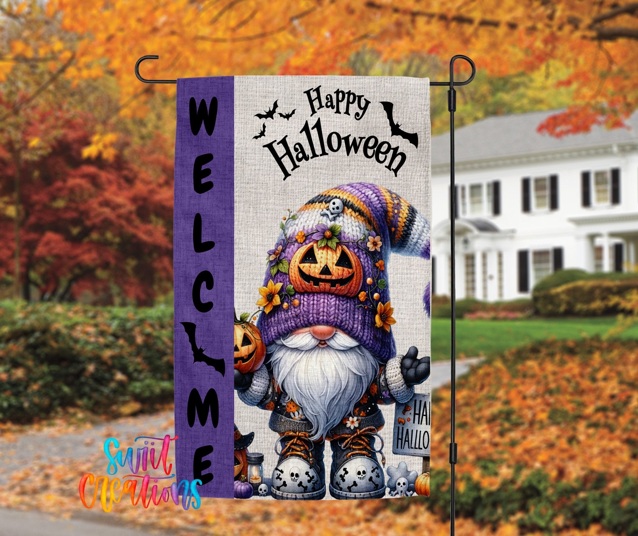 Happy Halloween Yard Flag | Adorable Gnome Halloween Garden Flag with Pumpkins, Bats, & Skulls | Outdoor Decor | YF86 - Swiit Creations