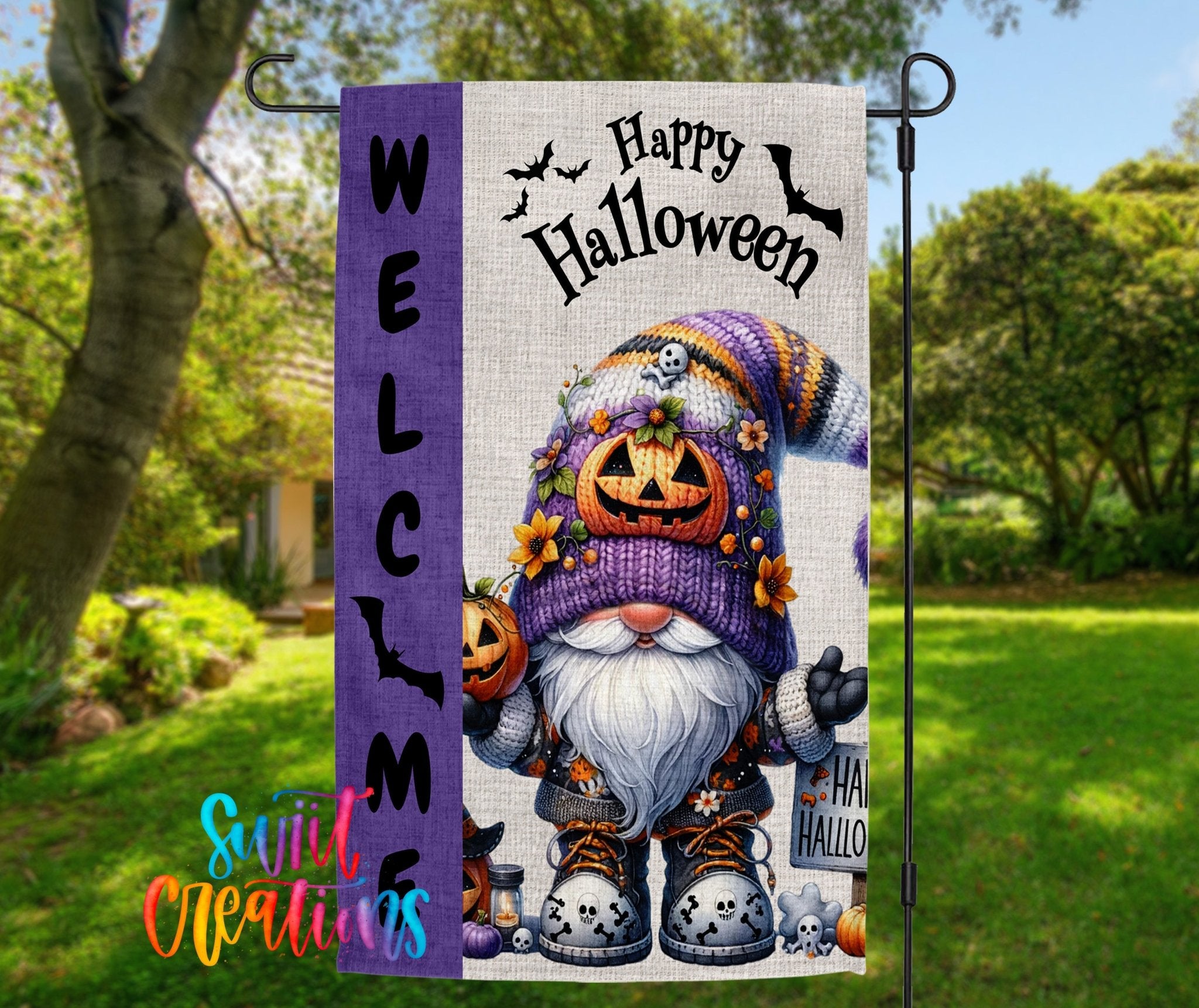 Happy Halloween Yard Flag | Adorable Gnome Halloween Garden Flag with Pumpkins, Bats, & Skulls | Outdoor Decor | YF86 - Swiit Creations