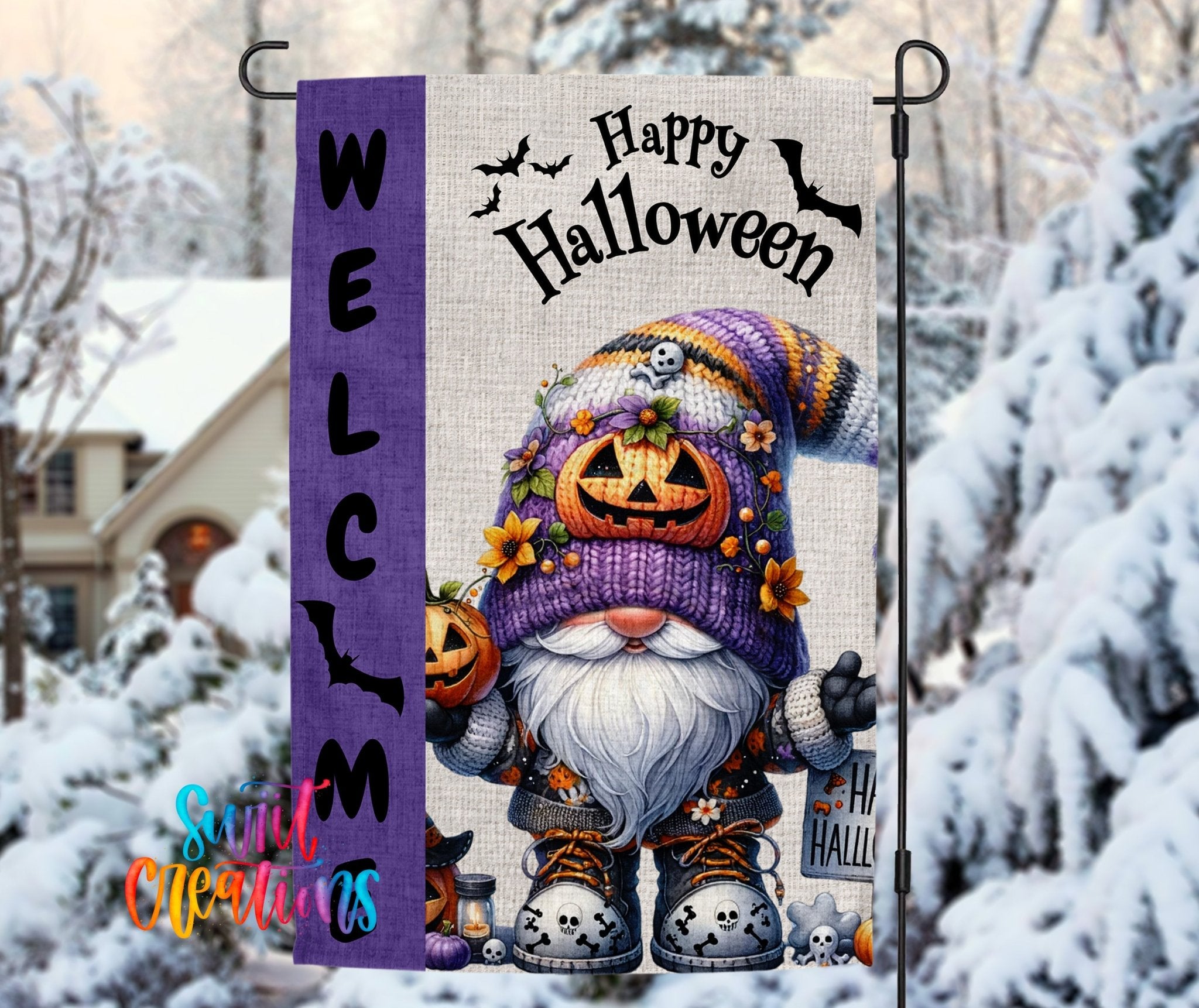 Happy Halloween Yard Flag | Adorable Gnome Halloween Garden Flag with Pumpkins, Bats, & Skulls | Outdoor Decor | YF86 - Swiit Creations