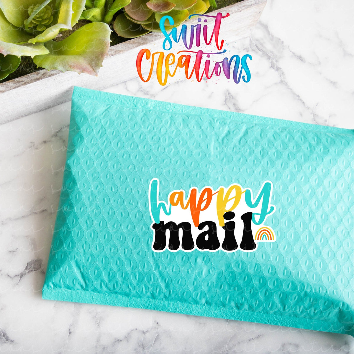 Rainbow Happy Mail sticker on a teal poly mailer