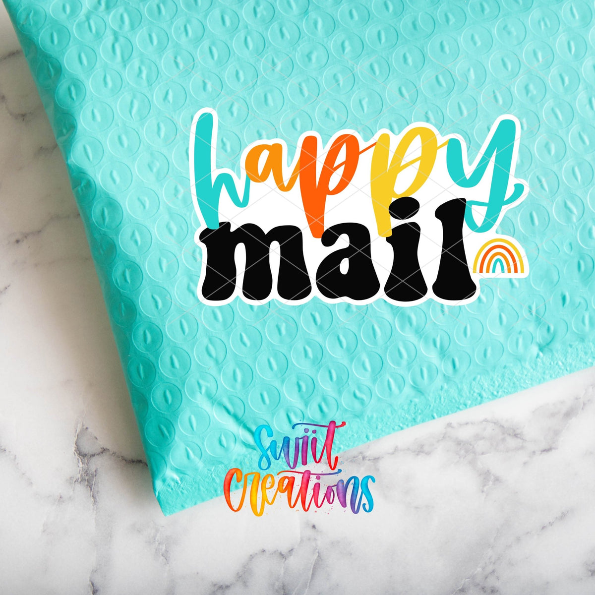Rainbow Happy Mail sticker sealing a teal poly mailer