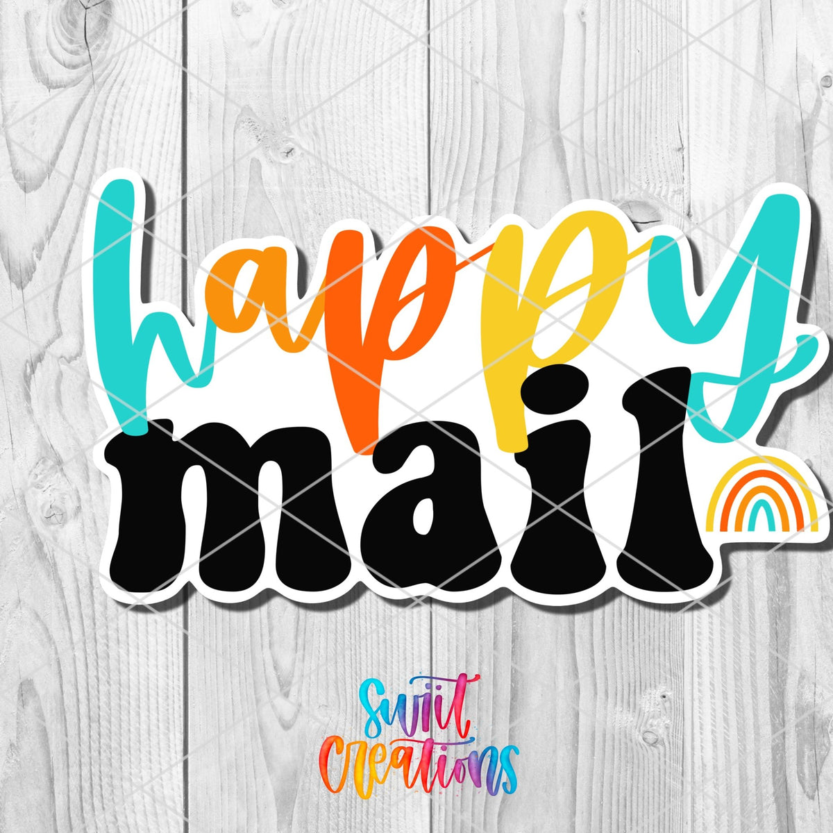 Rainbow Happy Mail sticker close-up on white wood