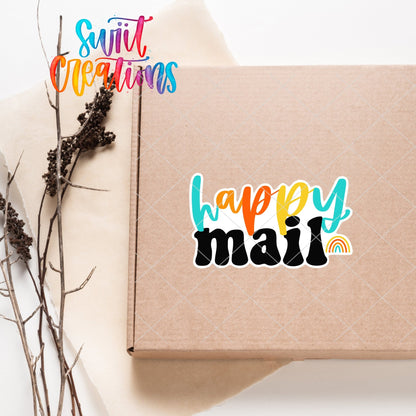 Rainbow Happy Mail sticker on a kraft shipping box