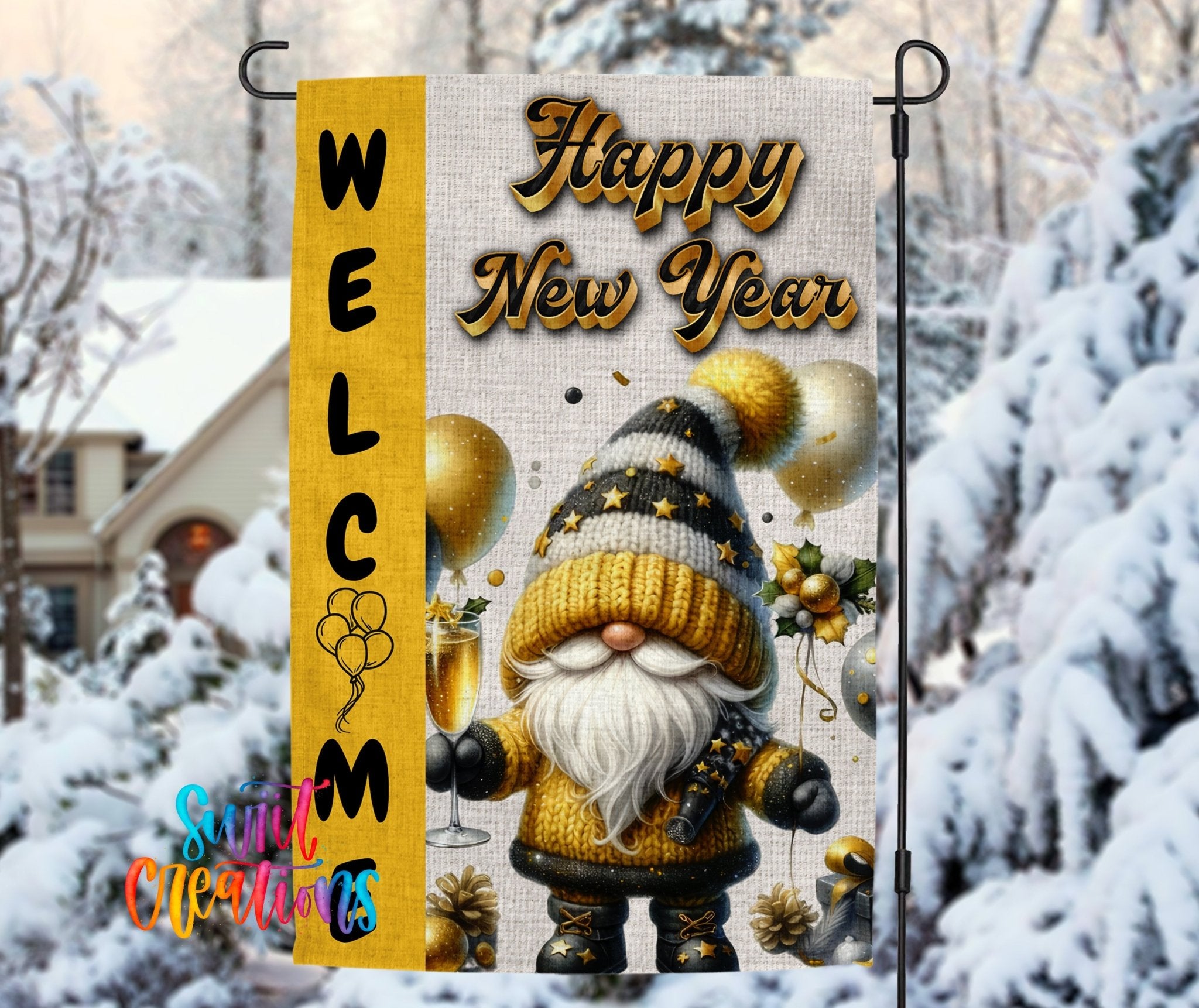 Happy New Year Yard Flag | Gnome Garden Flag | Gold Black Holiday Decor | YF76 - Swiit Creations