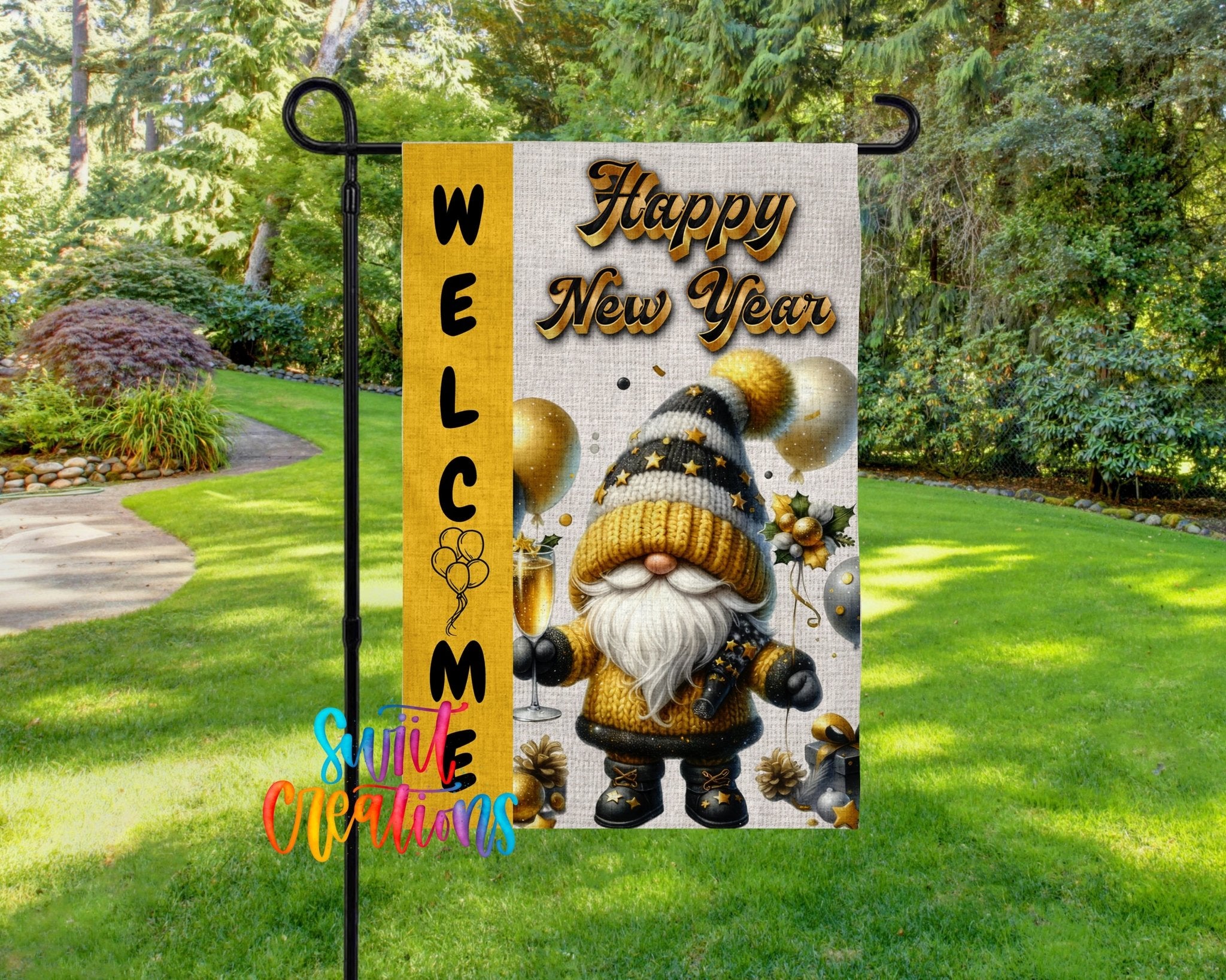 Happy New Year Yard Flag | Gnome Garden Flag | Gold Black Holiday Decor | YF76 - Swiit Creations