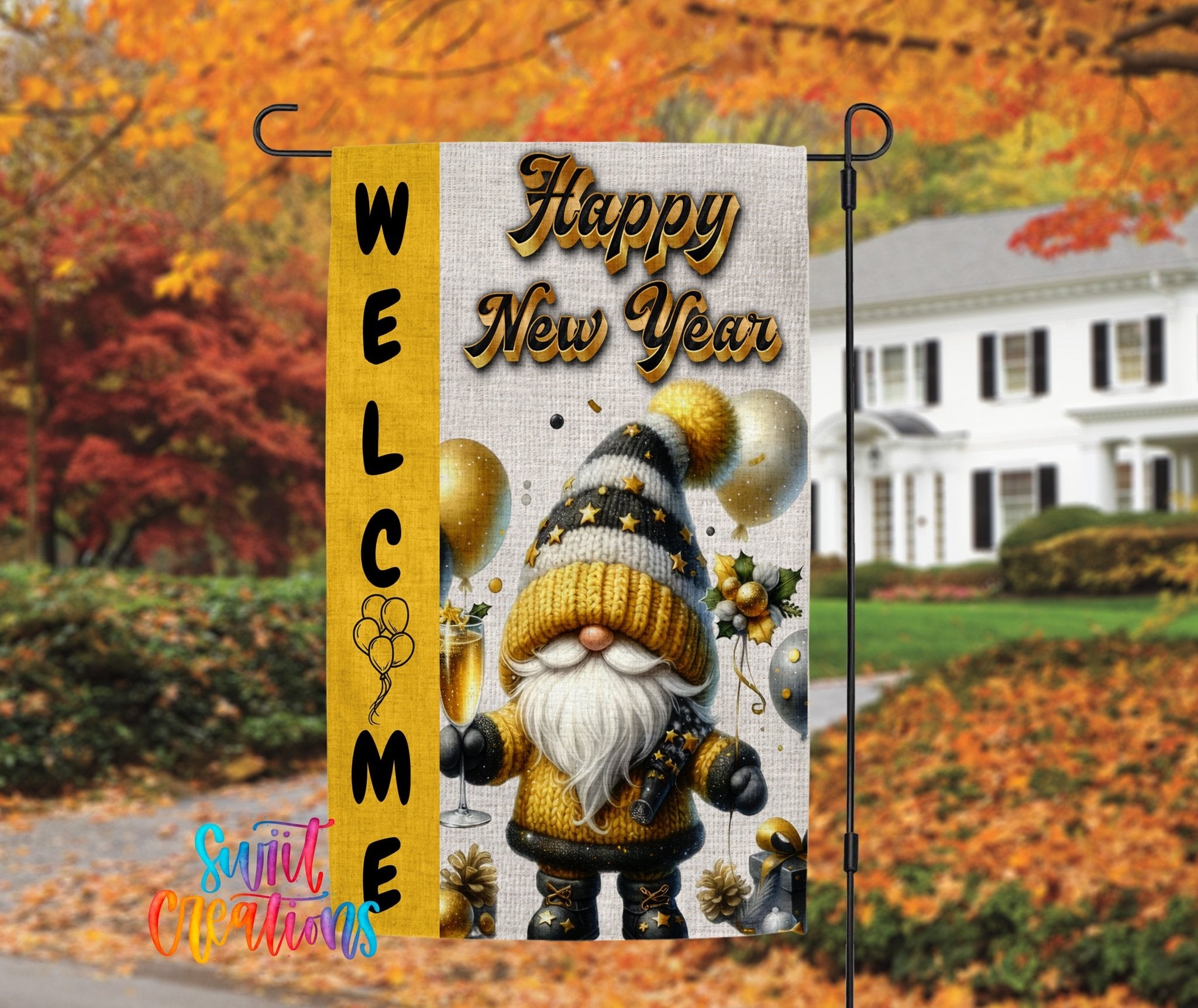 Happy New Year Yard Flag | Gnome Garden Flag | Gold Black Holiday Decor | YF76 - Swiit Creations