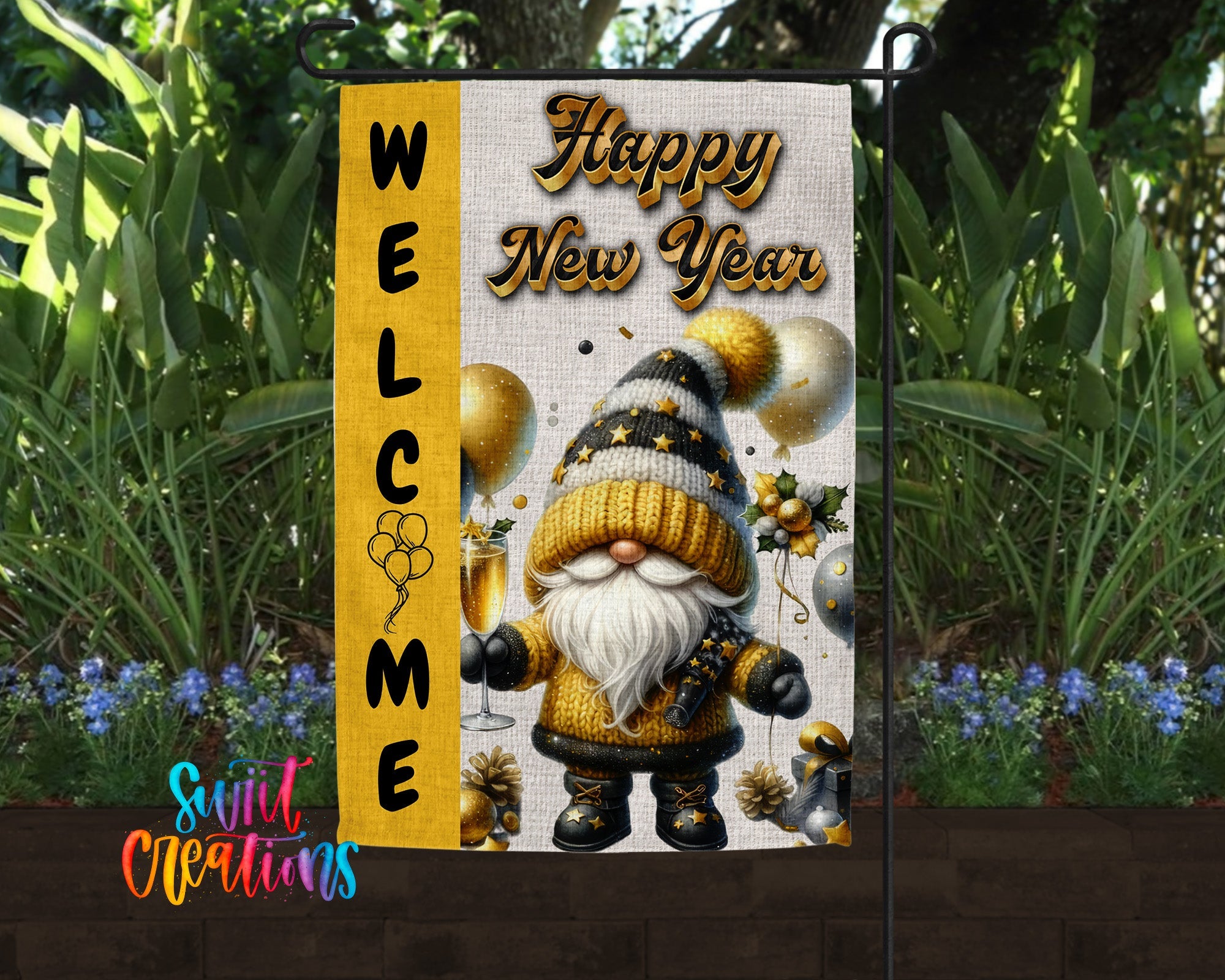 Happy New Year Yard Flag | Gnome Garden Flag | Gold Black Holiday Decor | YF76 - Swiit Creations