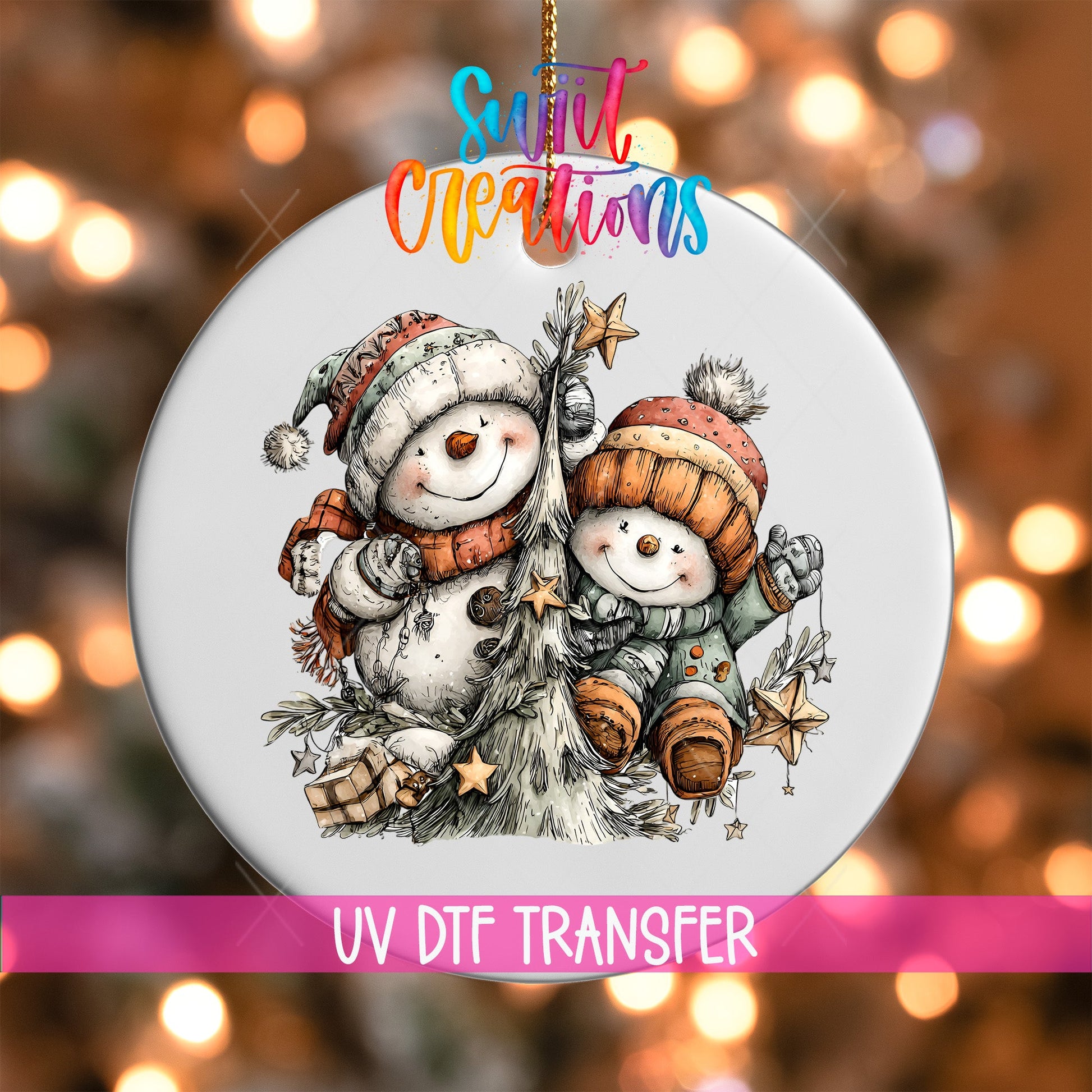 Happy Snowman with Christmas Tree UV DTF Ornament Transfer | O-1707 - Swiit Creations
