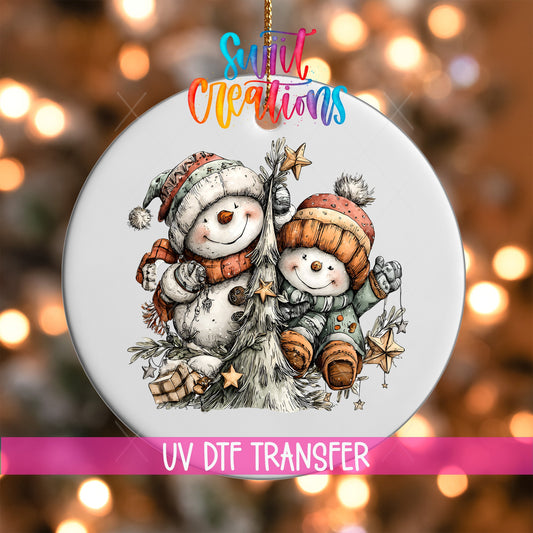 Happy Snowman with Christmas Tree UV DTF Ornament Transfer | O-1707 - Swiit Creations