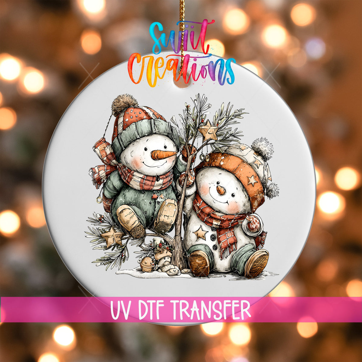 Happy Snowman with Christmas Tree UV DTF Ornament Transfer | O-1708 - Swiit Creations