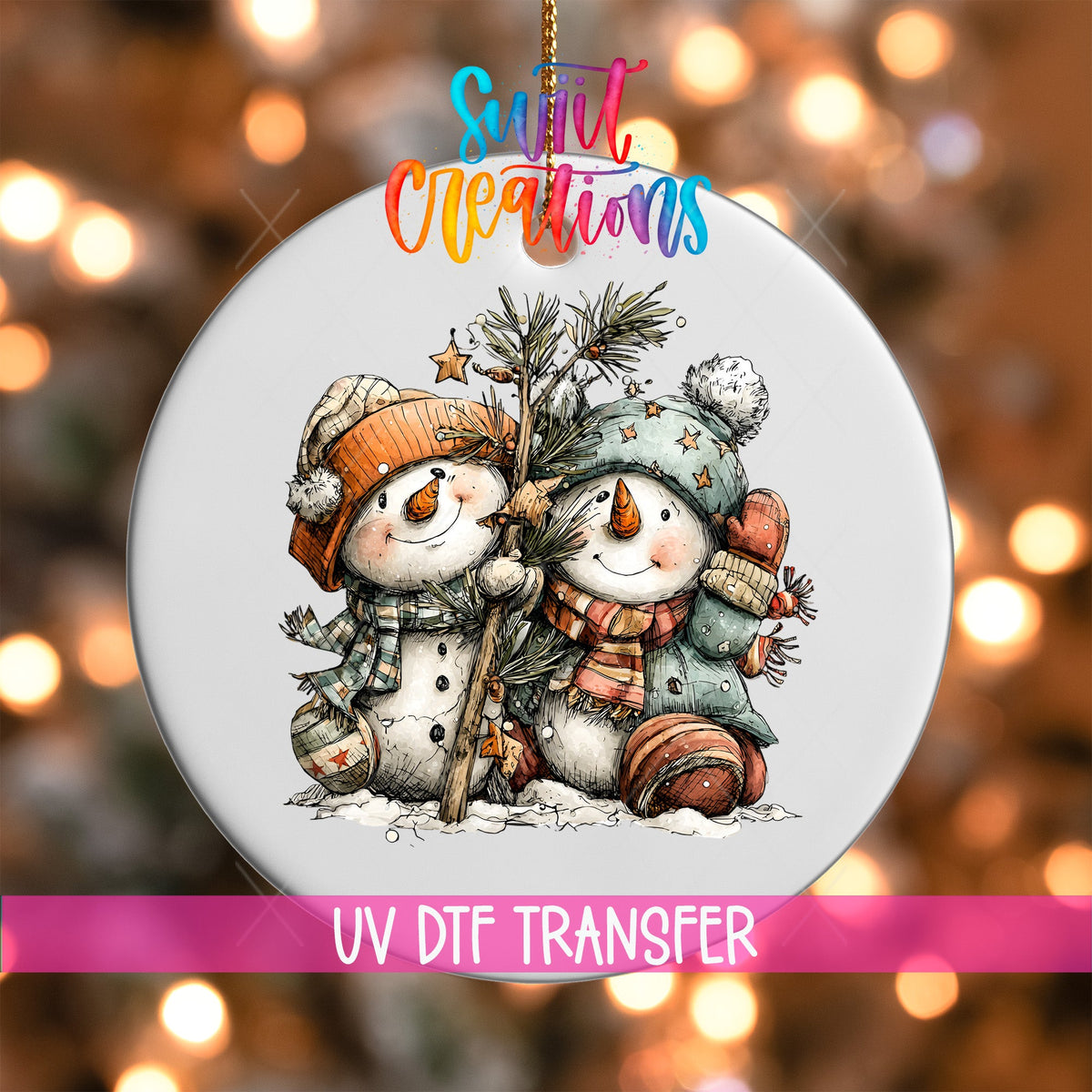Happy Snowman with Christmas Tree UV DTF Ornament Transfer | O-1714 - Swiit Creations