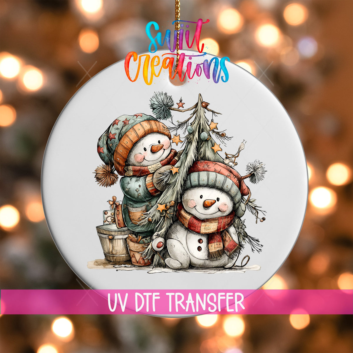 Happy Snowman with Christmas Tree UV DTF Ornament Transfer | O-1715 - Swiit Creations