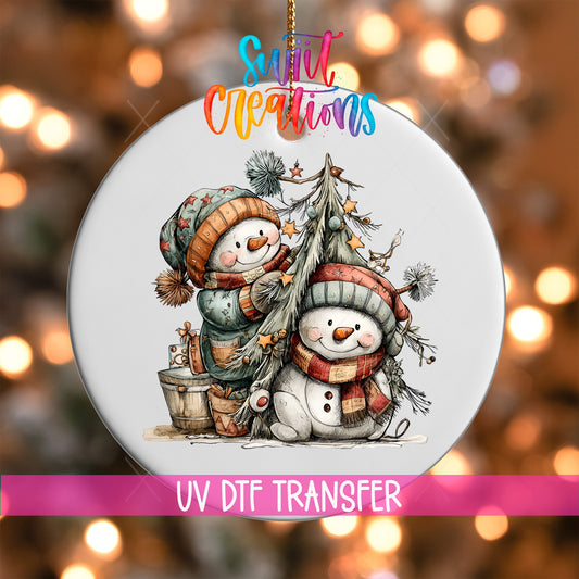 Happy Snowman with Christmas Tree UV DTF Ornament Transfer | O-1715 - Swiit Creations