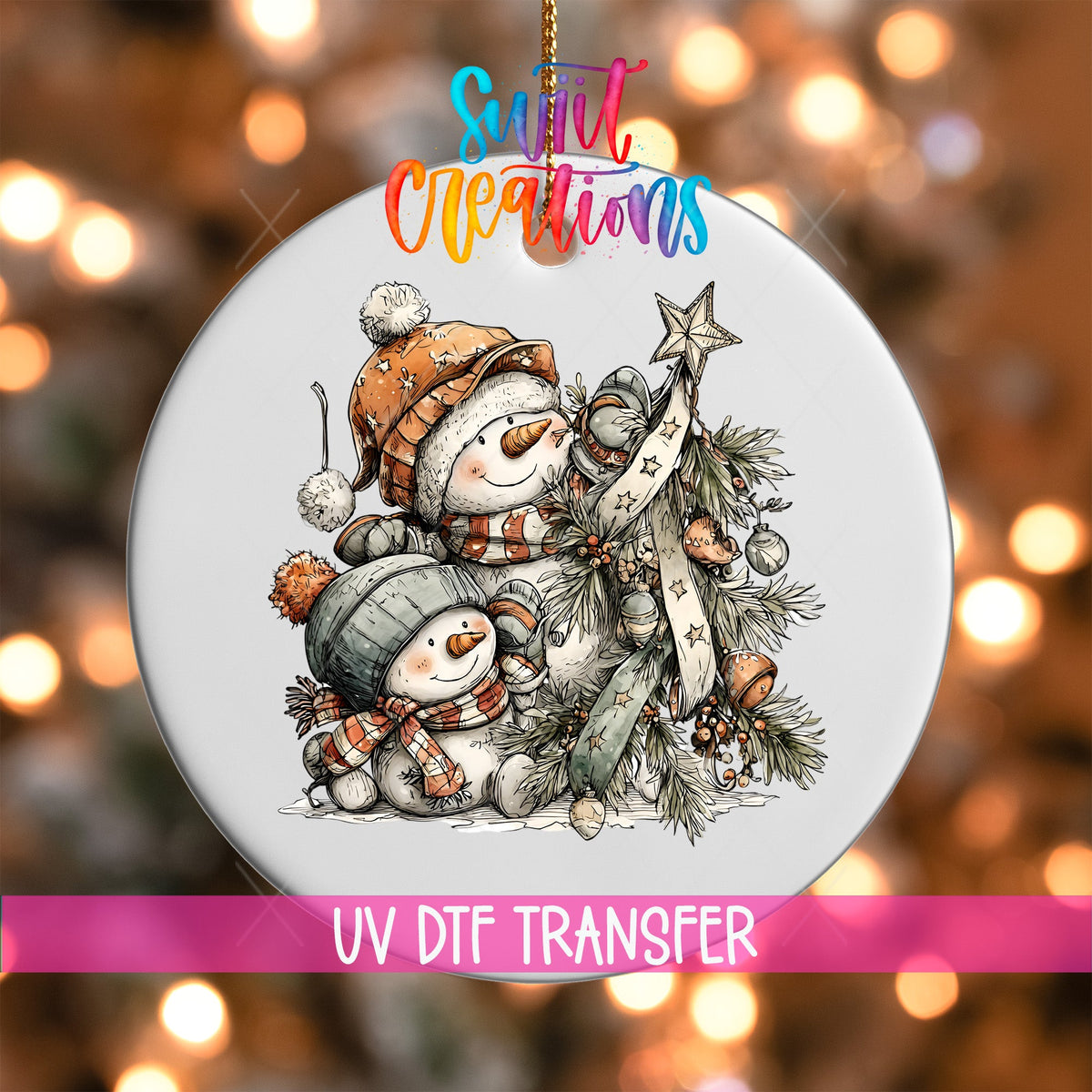 Happy Snowman with Christmas Tree UV DTF Ornament Transfer | O-1718 - Swiit Creations