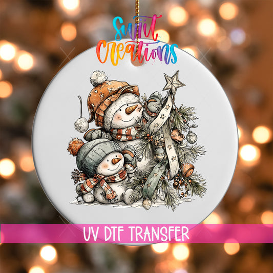 Happy Snowman with Christmas Tree UV DTF Ornament Transfer | O-1718 - Swiit Creations