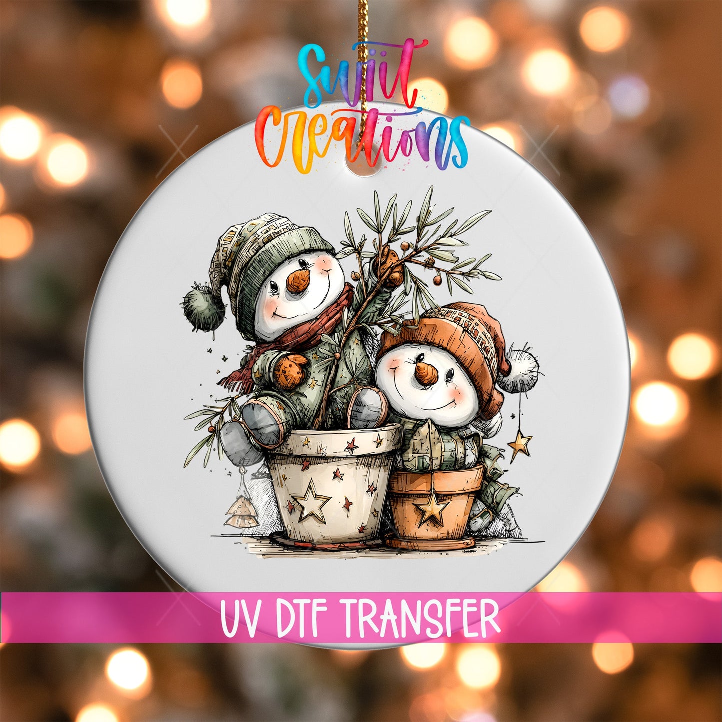 Happy Snowman with Christmas Tree UV DTF Ornament Transfer | O-1719 - Swiit Creations