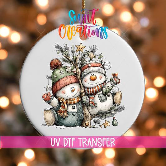 Happy Snowman with Christmas Tree UV DTF Ornament Transfer | O-1721 - Swiit Creations