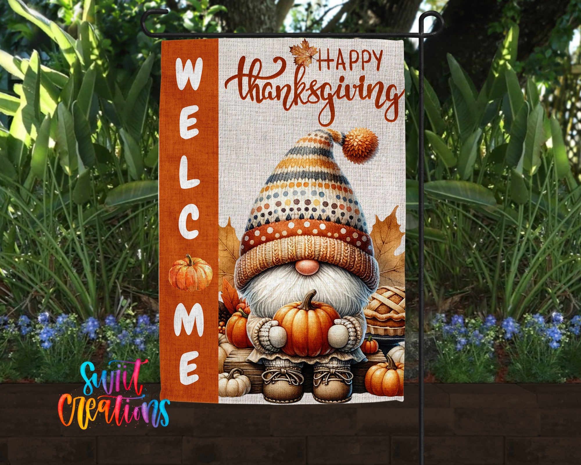 Happy Thanksgiving Yard Flag | Fall Gnome Garden Flag with Pumpkins | Cute Outdoor Autumn Decor | YF80 - Swiit Creations