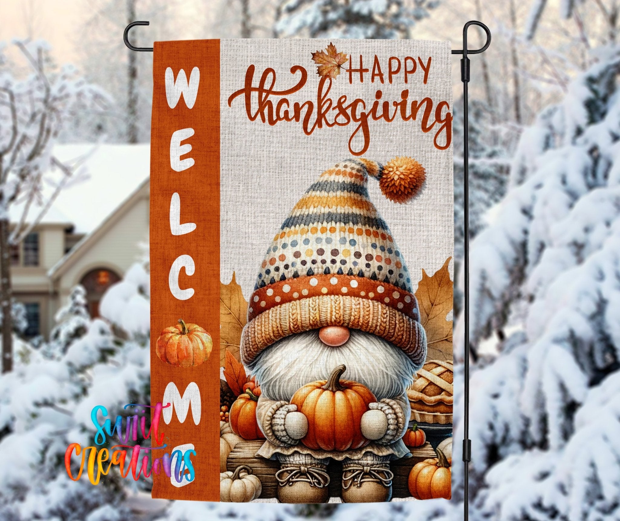 Happy Thanksgiving Yard Flag | Fall Gnome Garden Flag with Pumpkins | Cute Outdoor Autumn Decor | YF80 - Swiit Creations