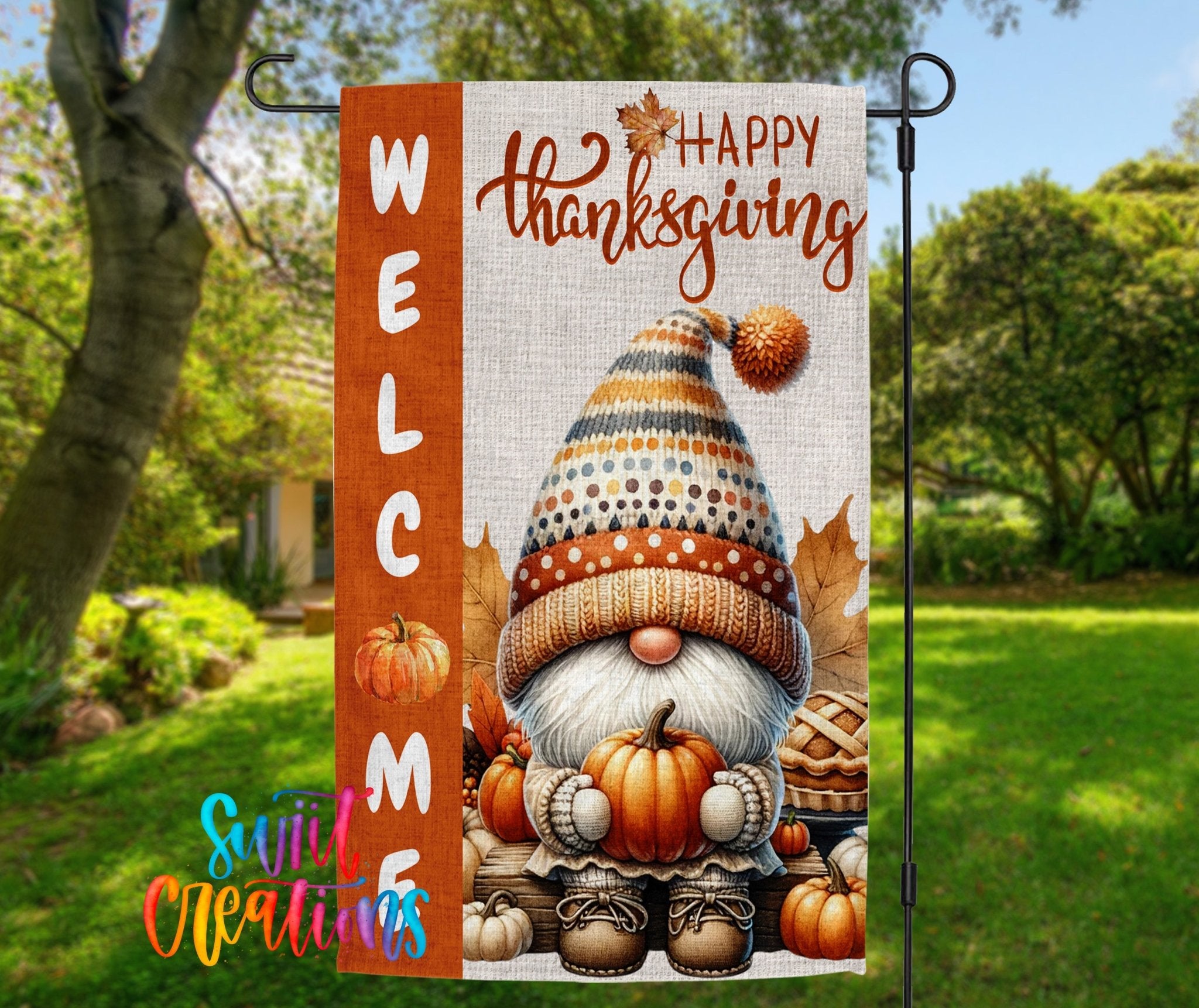 Happy Thanksgiving Yard Flag | Fall Gnome Garden Flag with Pumpkins | Cute Outdoor Autumn Decor | YF80 - Swiit Creations