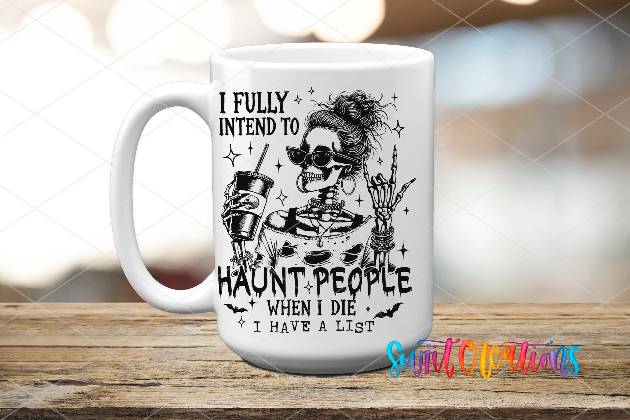 Haunt People Skeleton UV DTF transfer displayed on a white ceramic mug from Swiit Creations