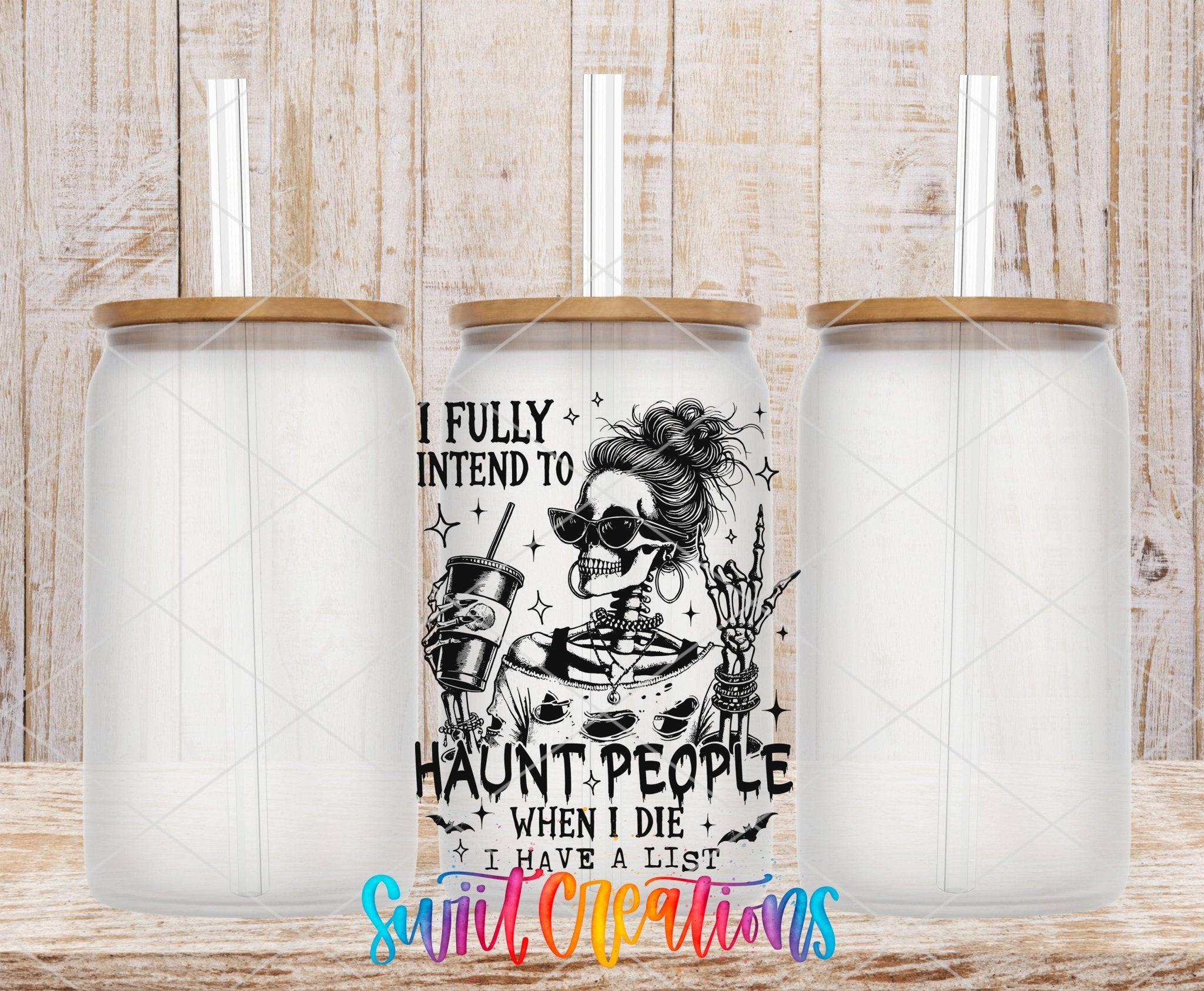 Haunt People Skeleton UV DTF transfer applied to a clear glass can set from Swiit Creations
