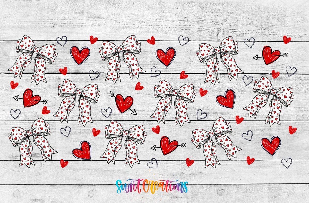 Hearts and Bows UV DTF full wrap artwork on a white wood background