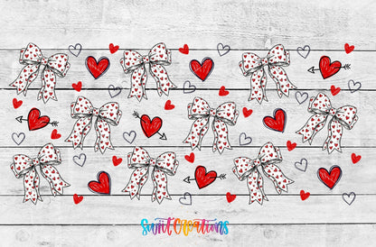 Hearts and Bows UV DTF full wrap artwork on a white wood background