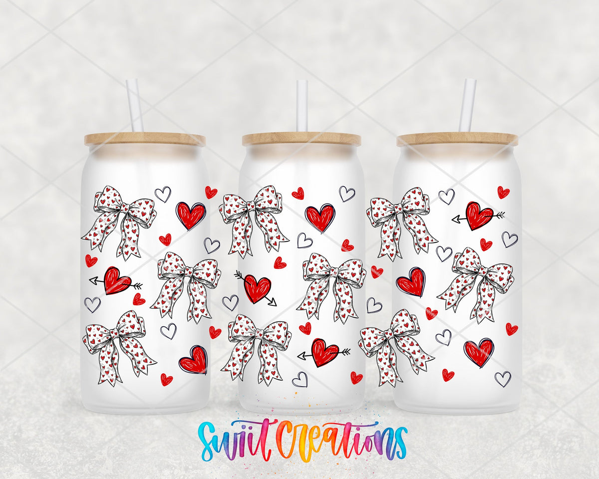 Hearts and Bows UV DTF full wrap on three frosted glass cans