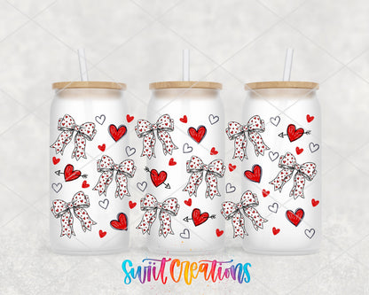 Hearts and Bows UV DTF full wrap on three frosted glass cans