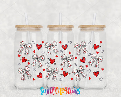 Hearts and Bows UV DTF full wrap on three glass cans