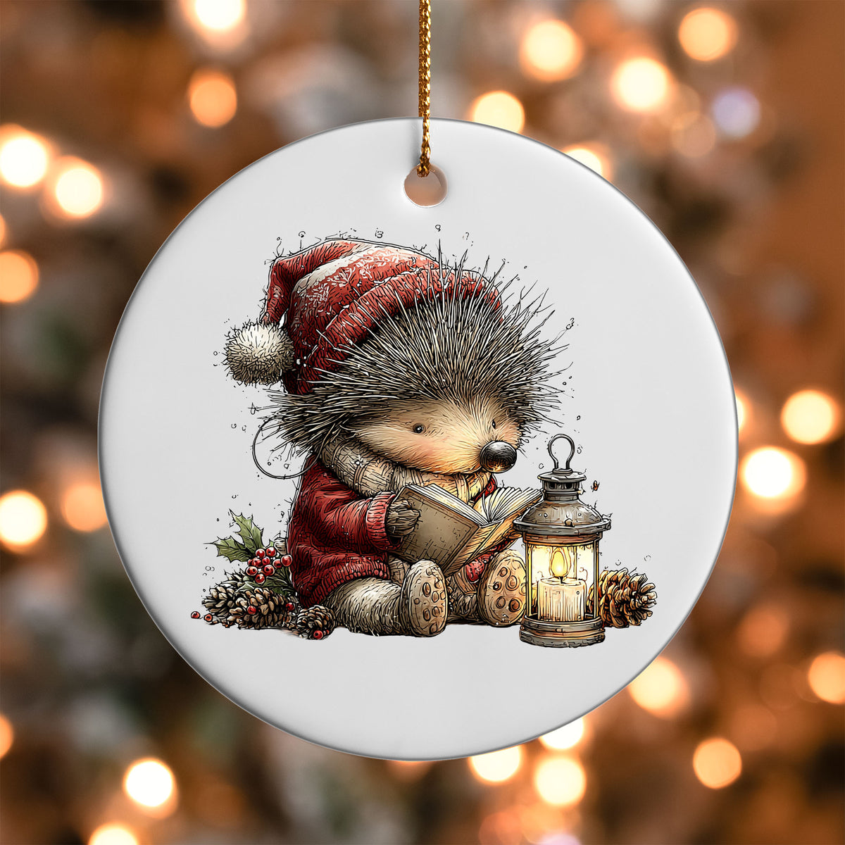 Hedgehog Reading by Lantern ornament UV DTF transfer on a round white ornament with a bokeh light background