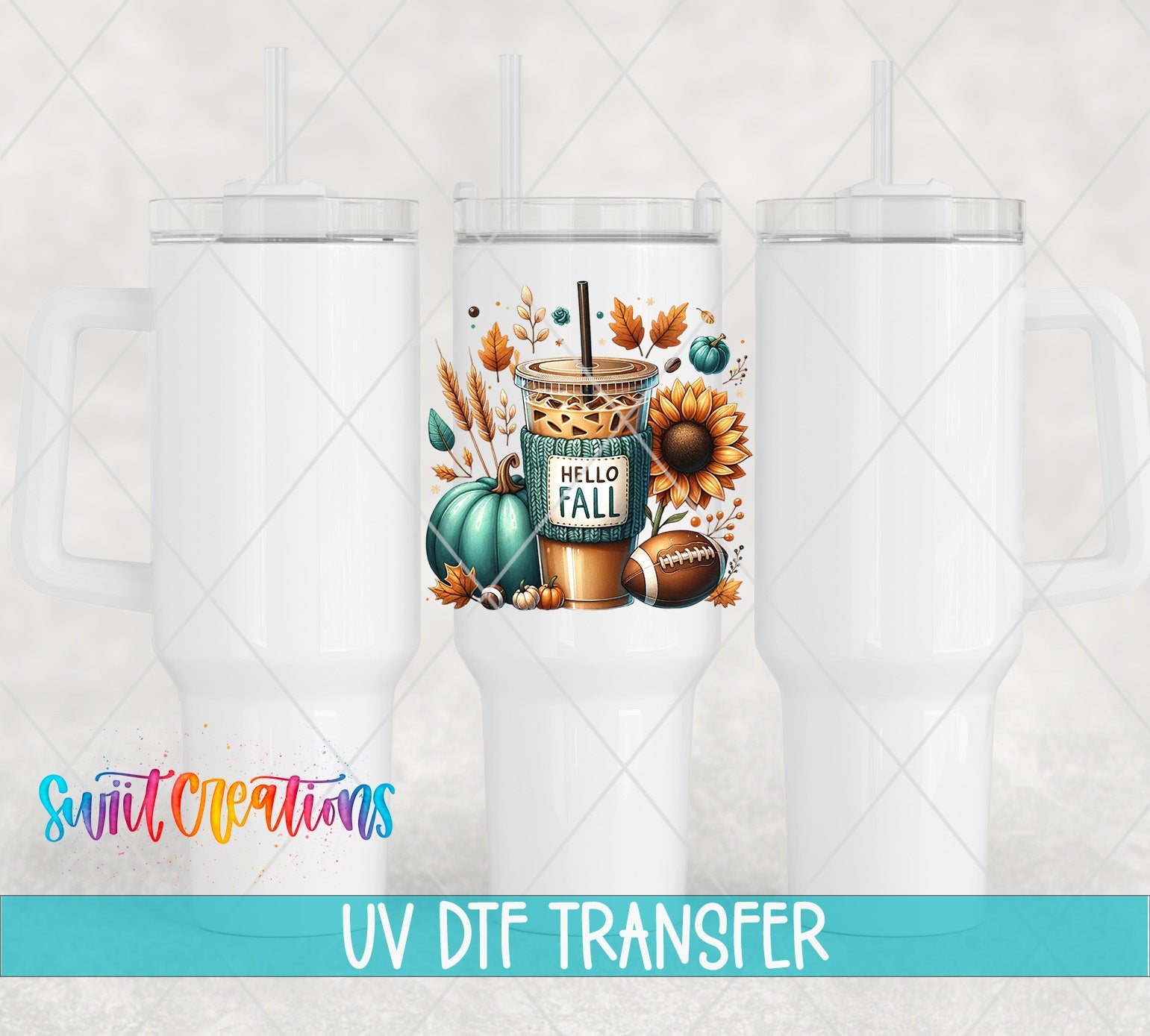 Hello Fall Iced Coffee UV DTF transfer applied to a white tumbler set from Swiit Creations