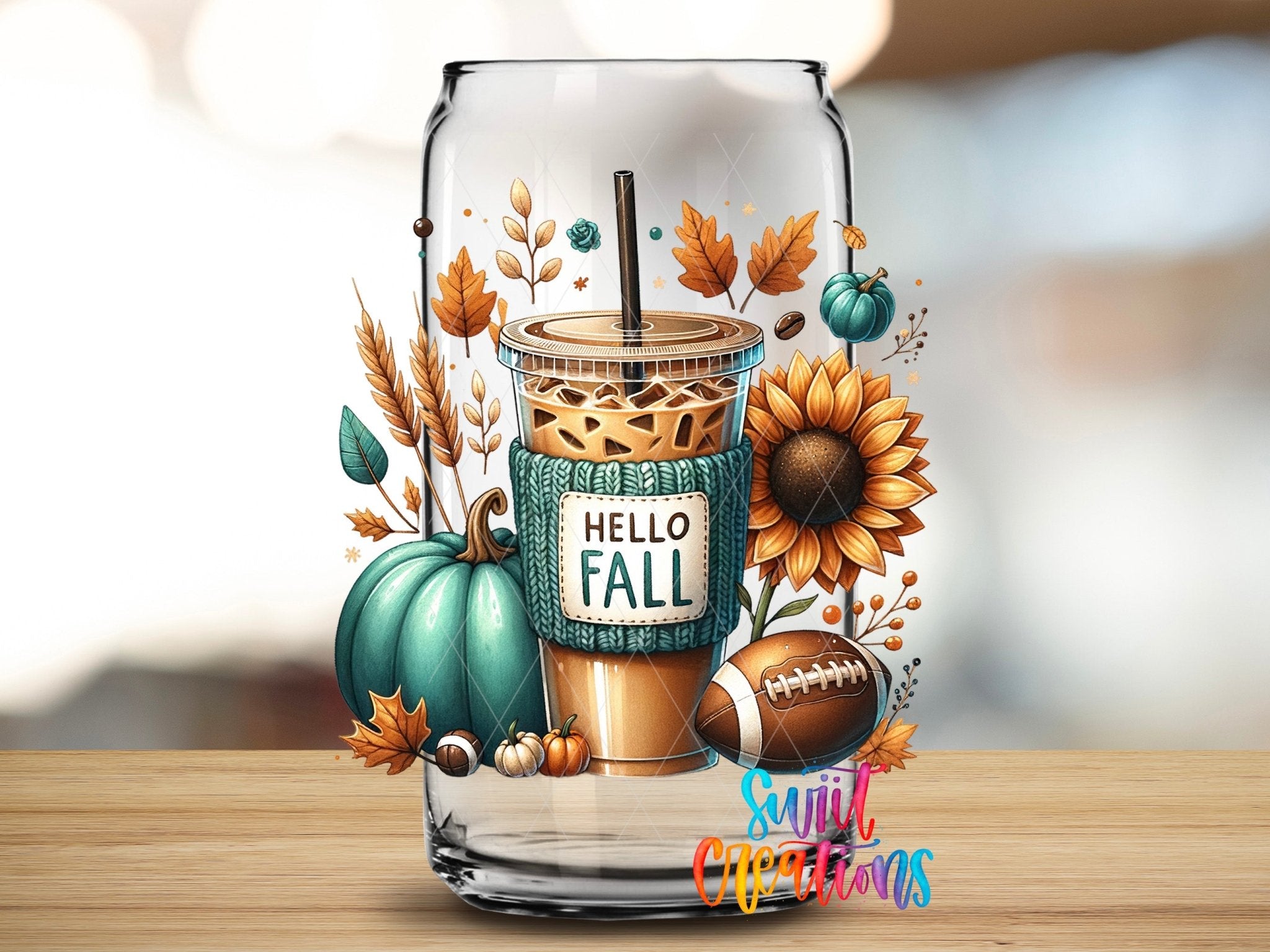 Hello Fall Iced Coffee UV DTF transfer applied to a clear glass can from Swiit Creations