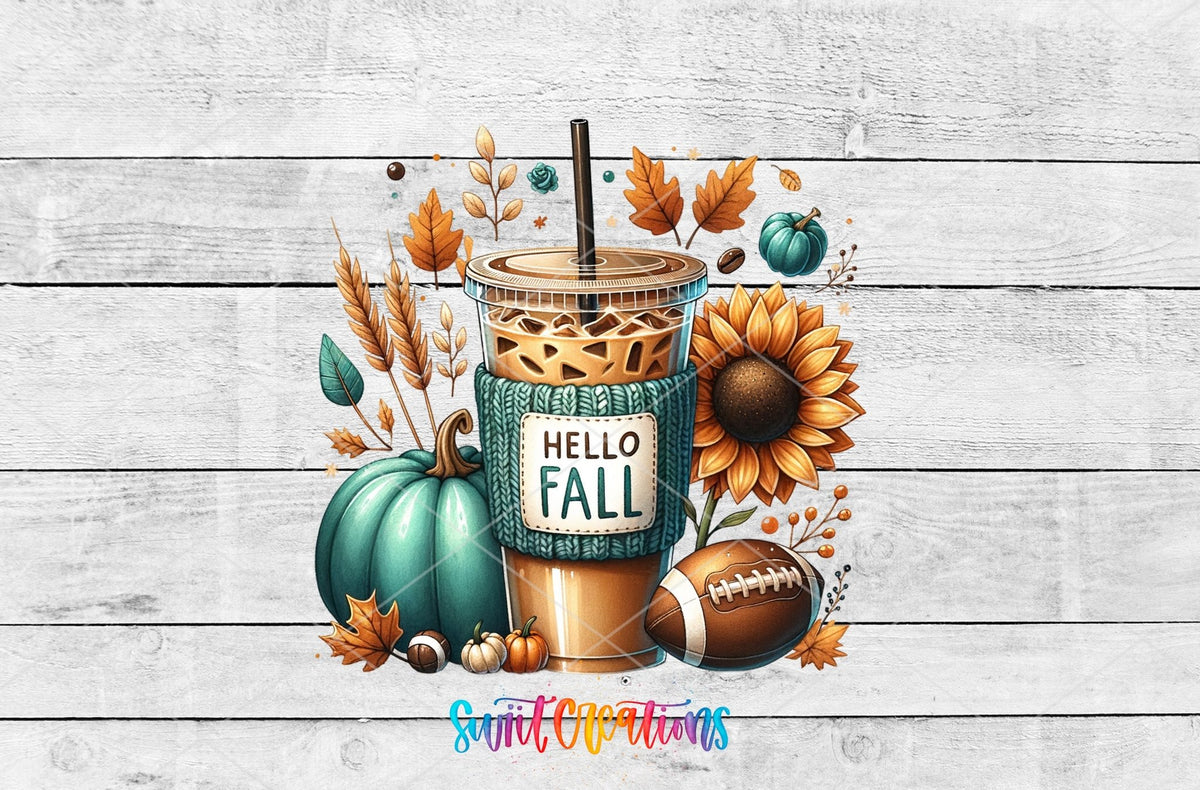 Hello Fall Iced Coffee UV DTF transfer artwork on a white wood background