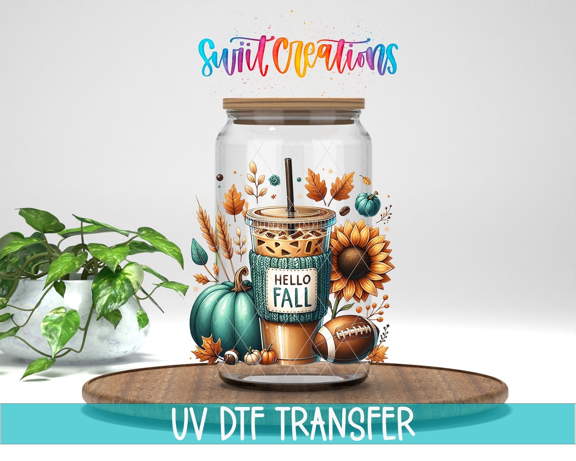 Hello Fall Iced Coffee UV DTF transfer displayed on a clear jar mockup from Swiit Creations